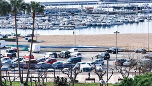 A marina with boats docked, a parking area with cars, and a beach in the background.