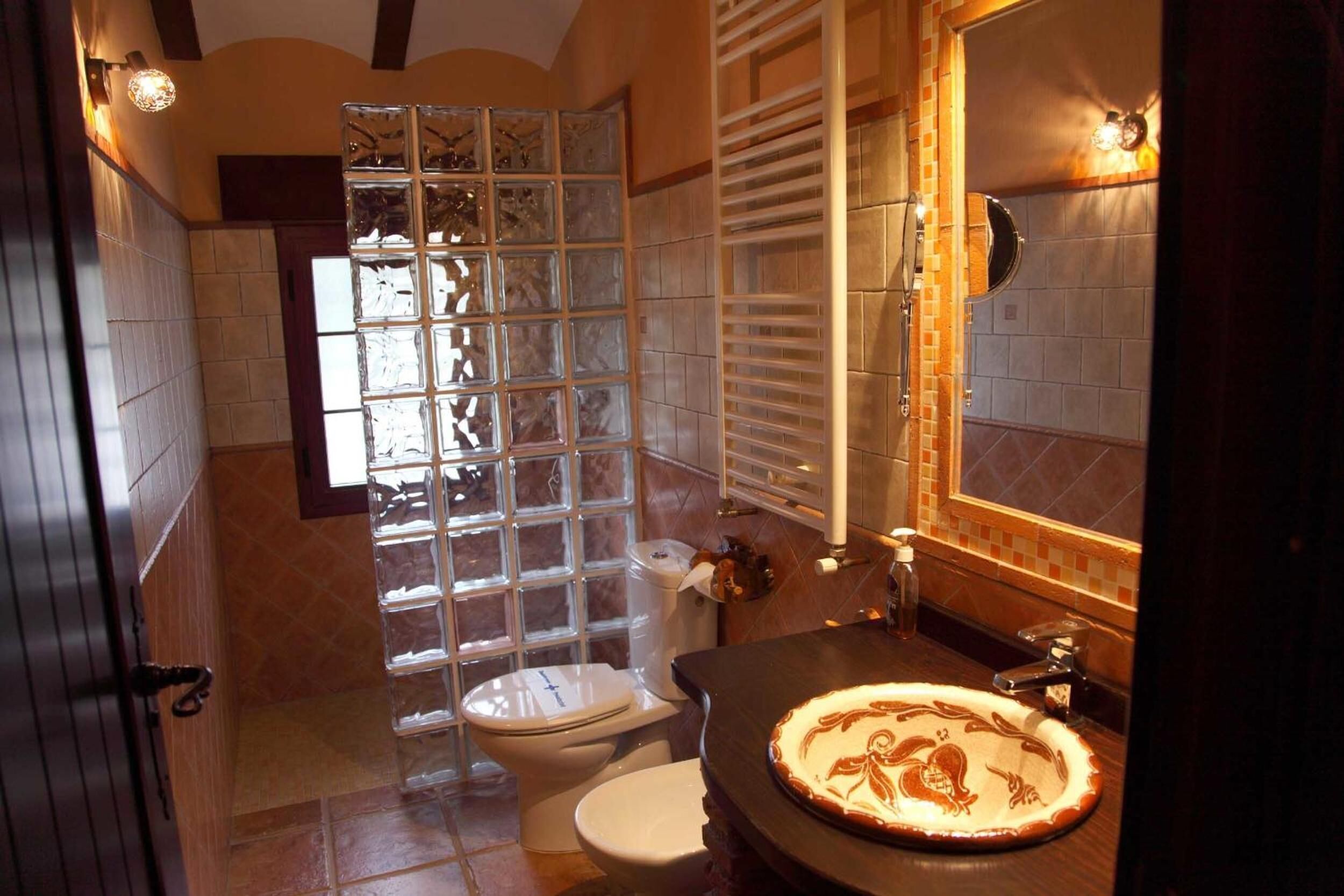 A bathroom with a glass partition, a toilet, a sink with a decorative basin, and a mirror with a light fixture.