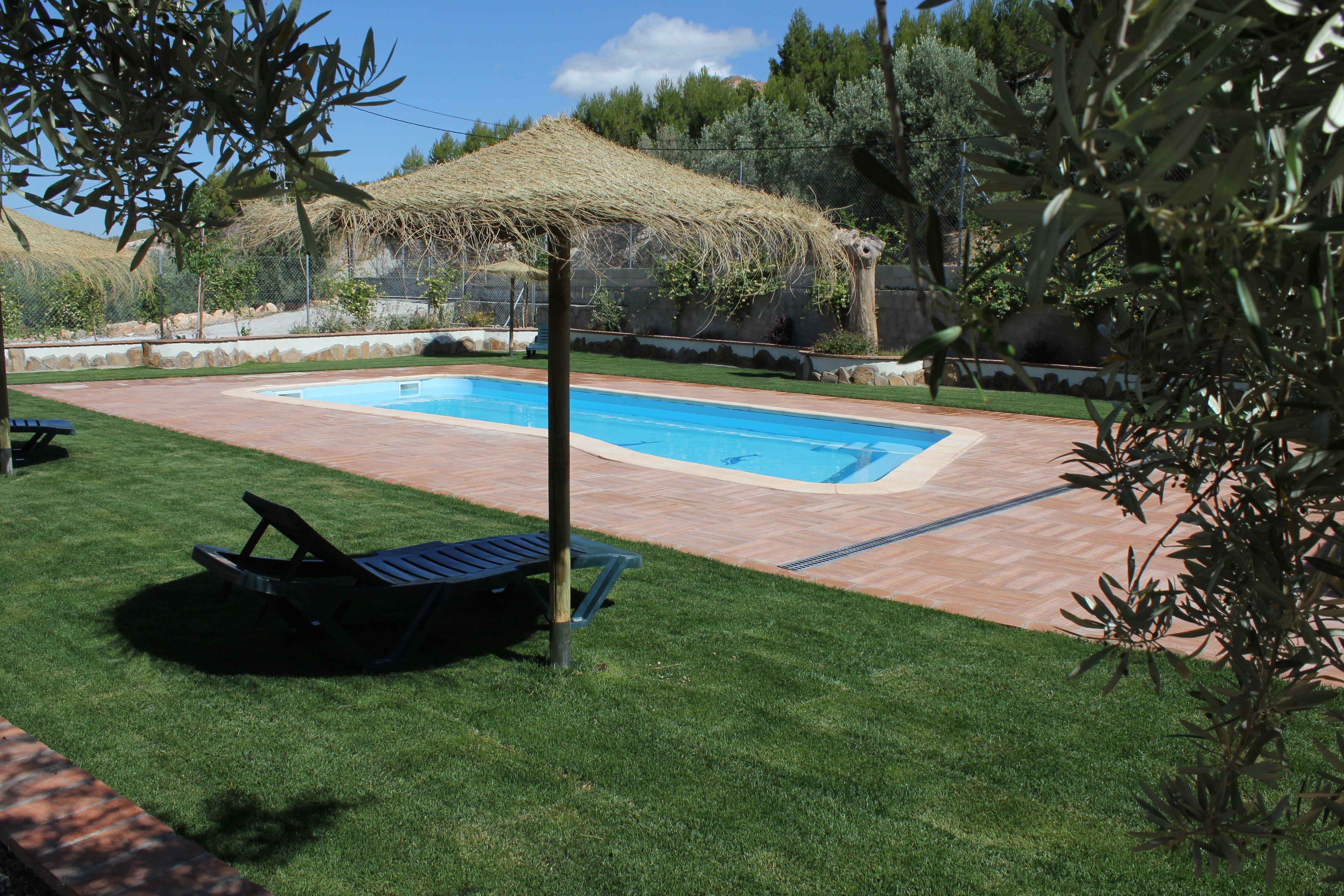 A swimming pool with a thatched roof structure, surrounded by well-maintained grass and a brick pathway.