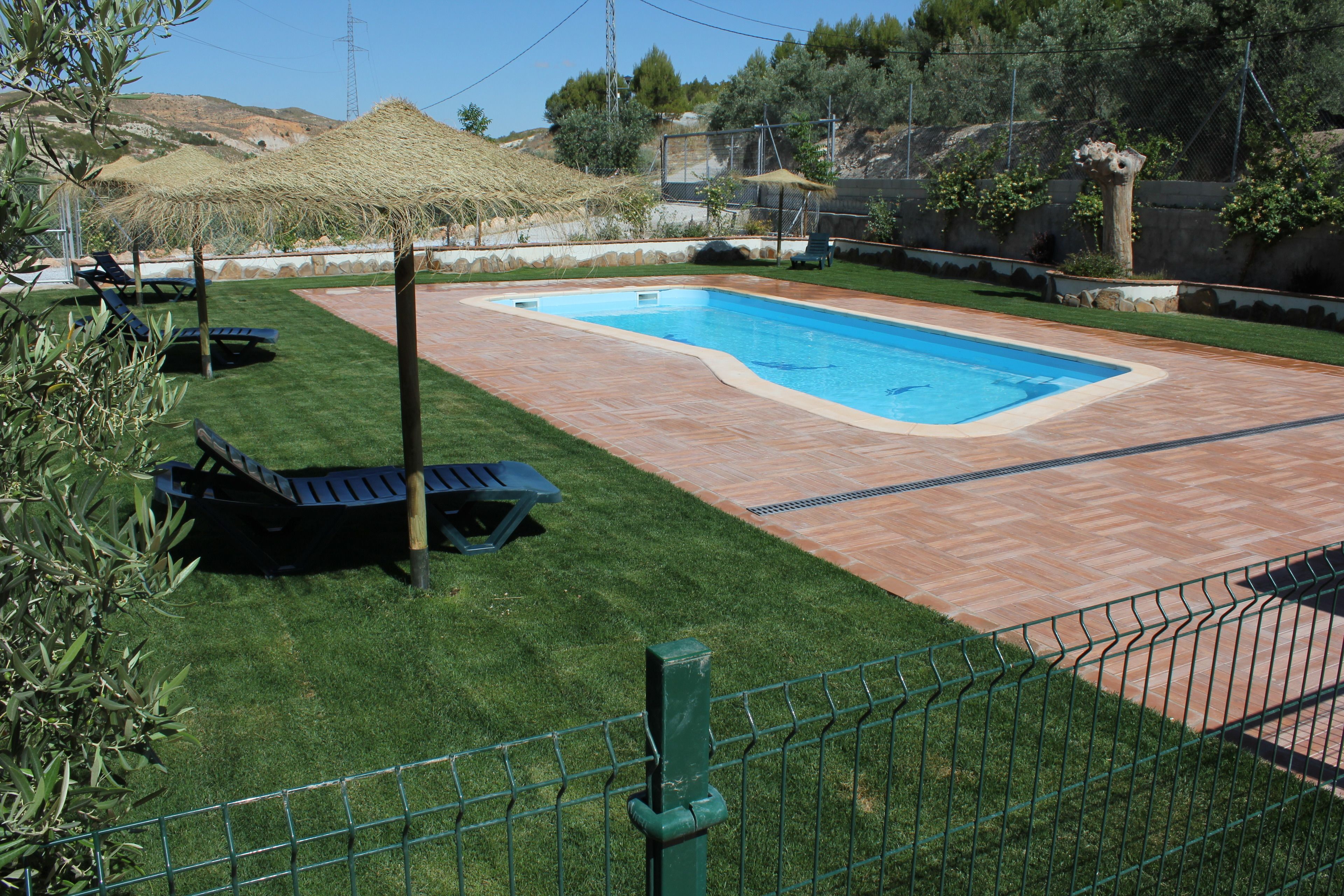 Una piscina rettangolare con bordo piastrellato, circondata da una recinzione verde.