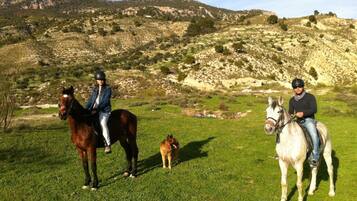 Two people on horseback in a grassy field with hills in the background.