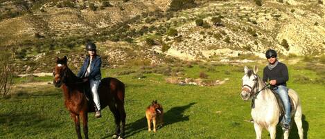 Dos personas a caballo en un campo herboso, con colinas al fondo.