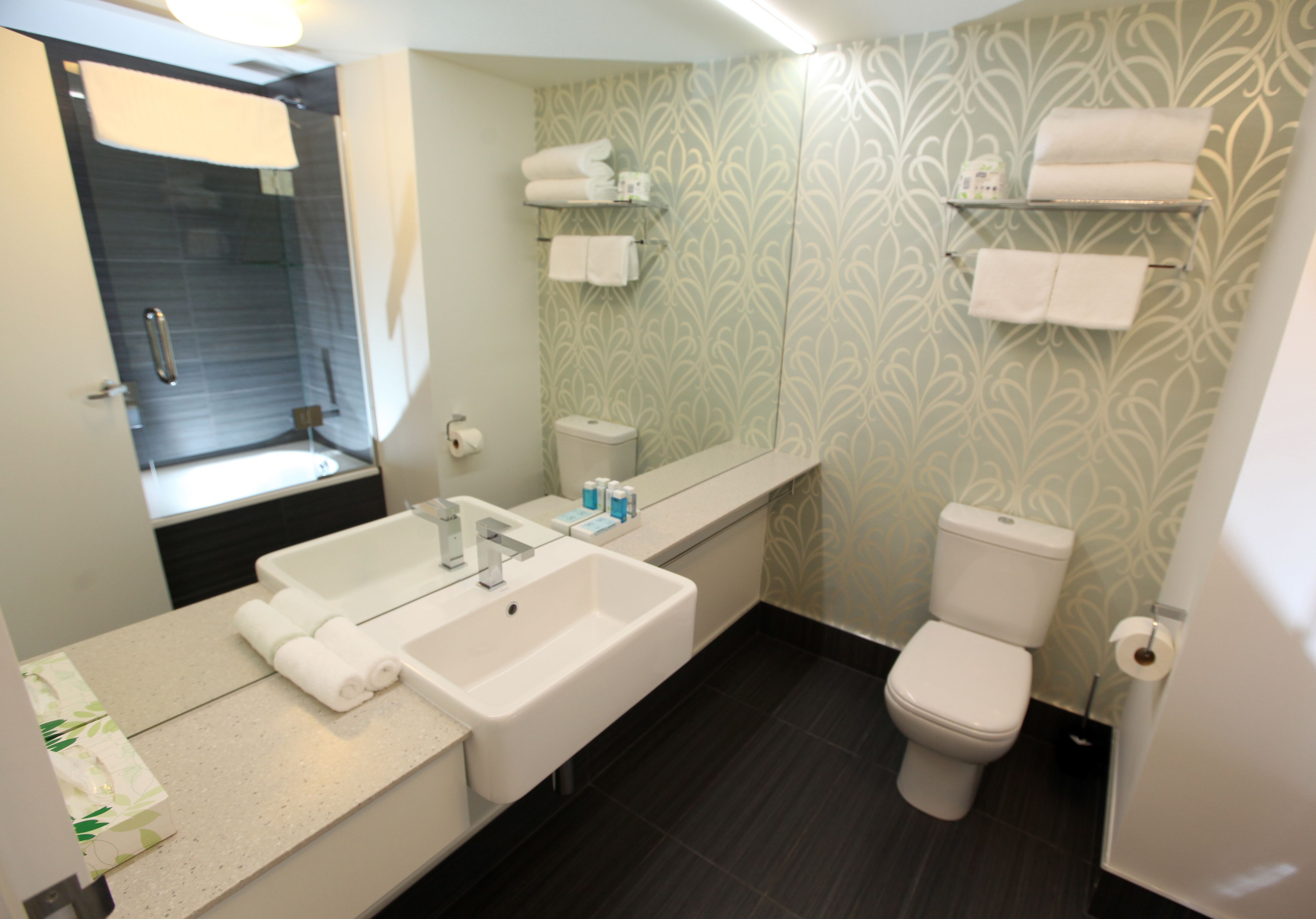 Un bagno moderno con un lavandino ampio, un water e uno specchio. Asciugamani e articoli da toilette sono presenti sul mobile.