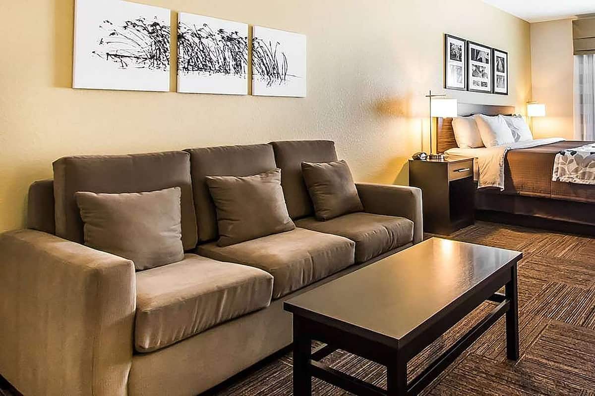 Una habitación de hotel con sofá, mesa de centro, cama y decoración en la pared.