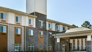 A multi-story hotel with a modern design, featuring a mix of stone and panel exteriors, large windows, and a covered entrance area. - Wingate by Wyndham Jonesboro/Hodge (Jonesboro)