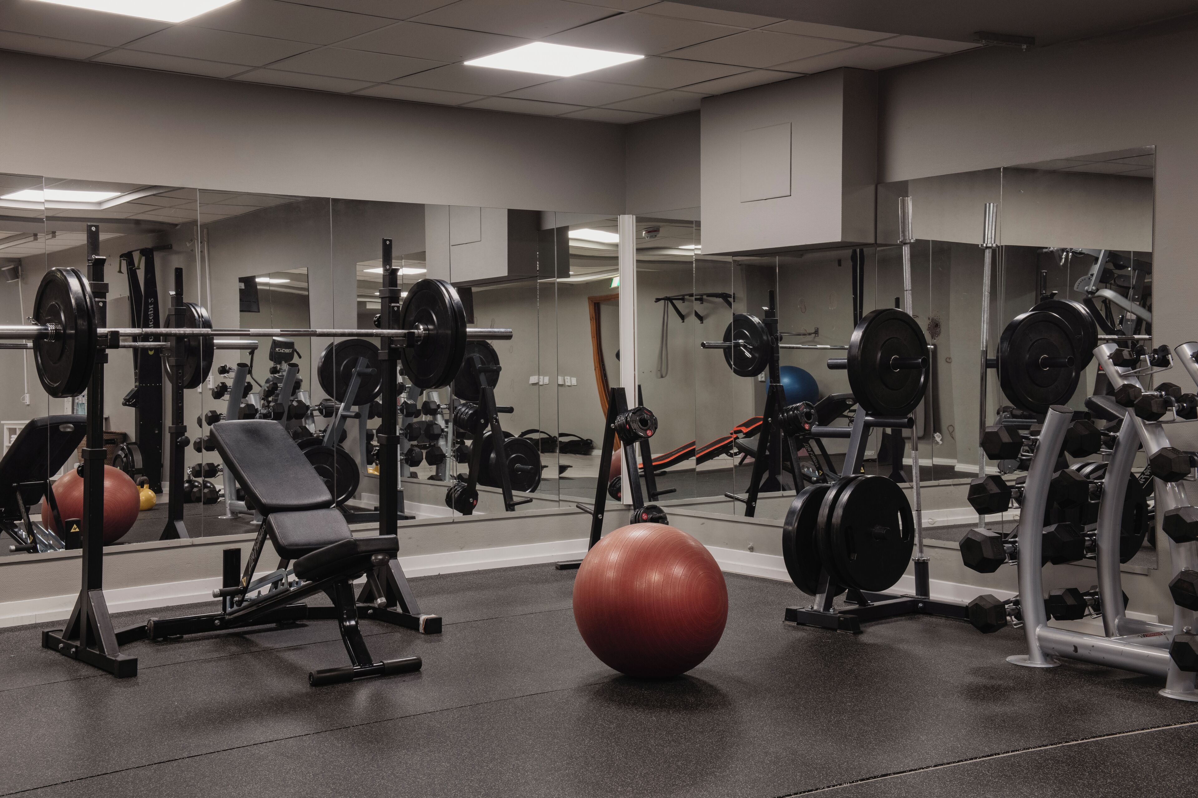 A gym with various exercise equipment, including weight machines, free weights, and exercise balls.