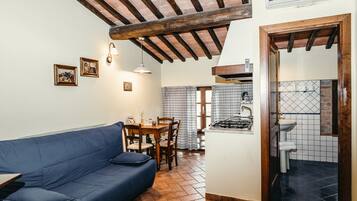 Una sala de estar acogedora con un sofá azul, una mesa de comedor de madera y sillas. Se ve un área de cocina con estufa y fregadero a través de un umbral abierto.