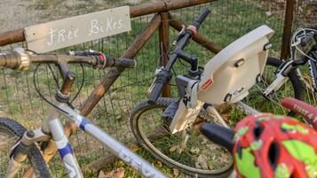 Een fiets met een bord waarop 'Free Bikes' staat, een helm en een hek.