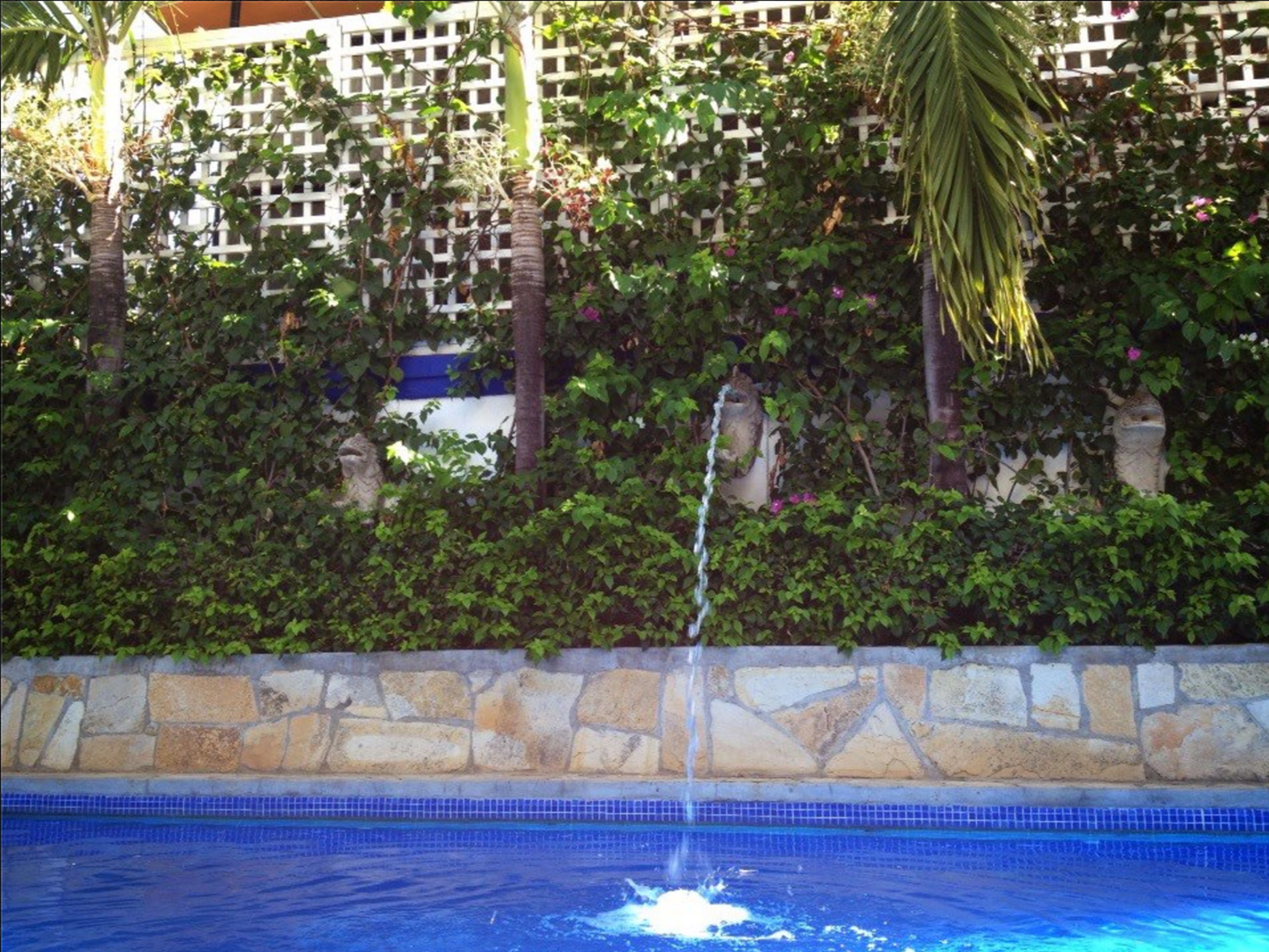 Una piscina con pared de piedra y una cascada.