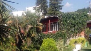 Una piscina rodeada de vegetación exuberante y un edificio rojo.