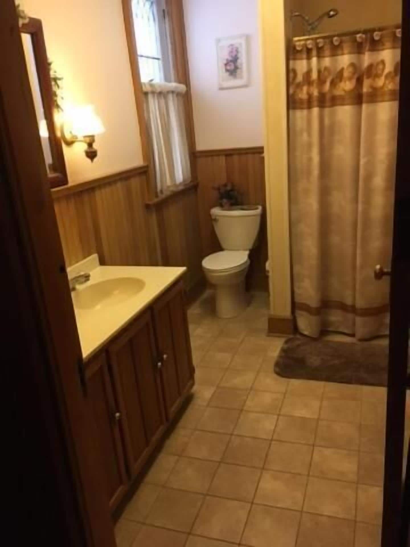 A bathroom with a wooden vanity, a toilet, and a shower curtain.