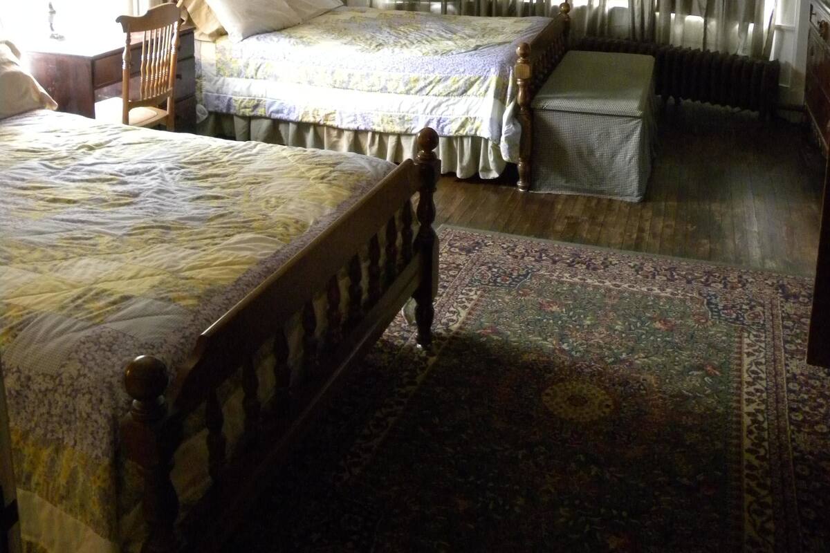 A bedroom with two beds, a wooden headboard, a nightstand, a dresser, a window with curtains, and a patterned rug.