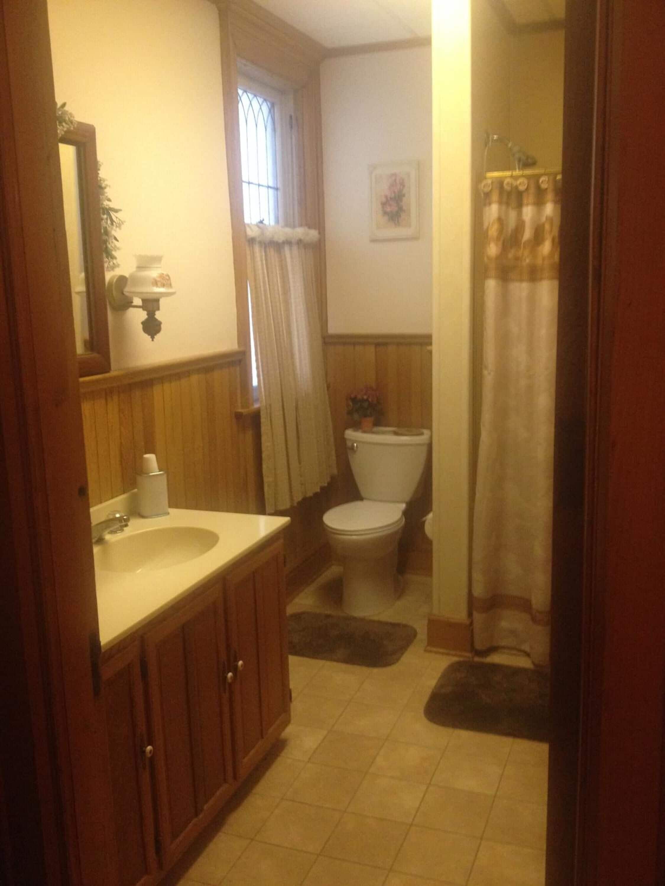 A small bathroom with a sink, toilet, and shower curtain.