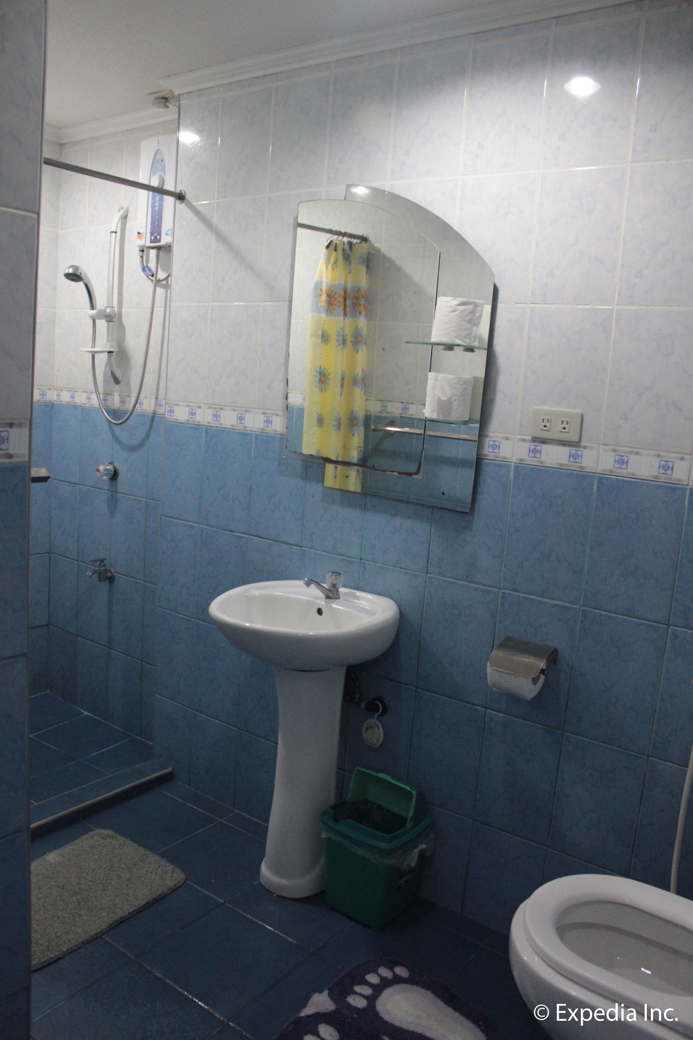 A bathroom with a sink, toilet, shower, and a mirror.
