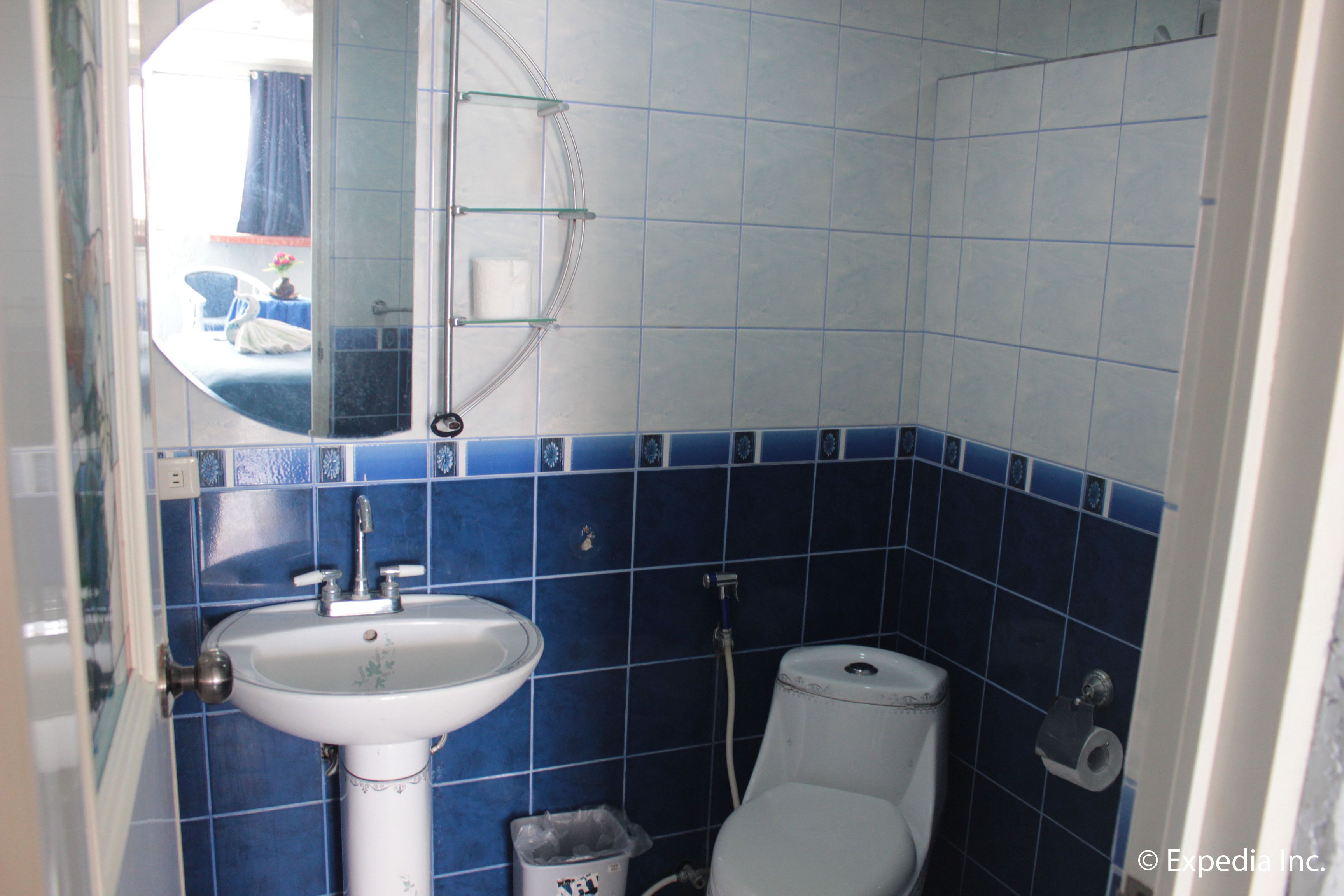 A bathroom with a white sink, a toilet, and a mirror.