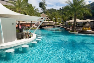 Outdoor pool, pool umbrellas, pool loungers