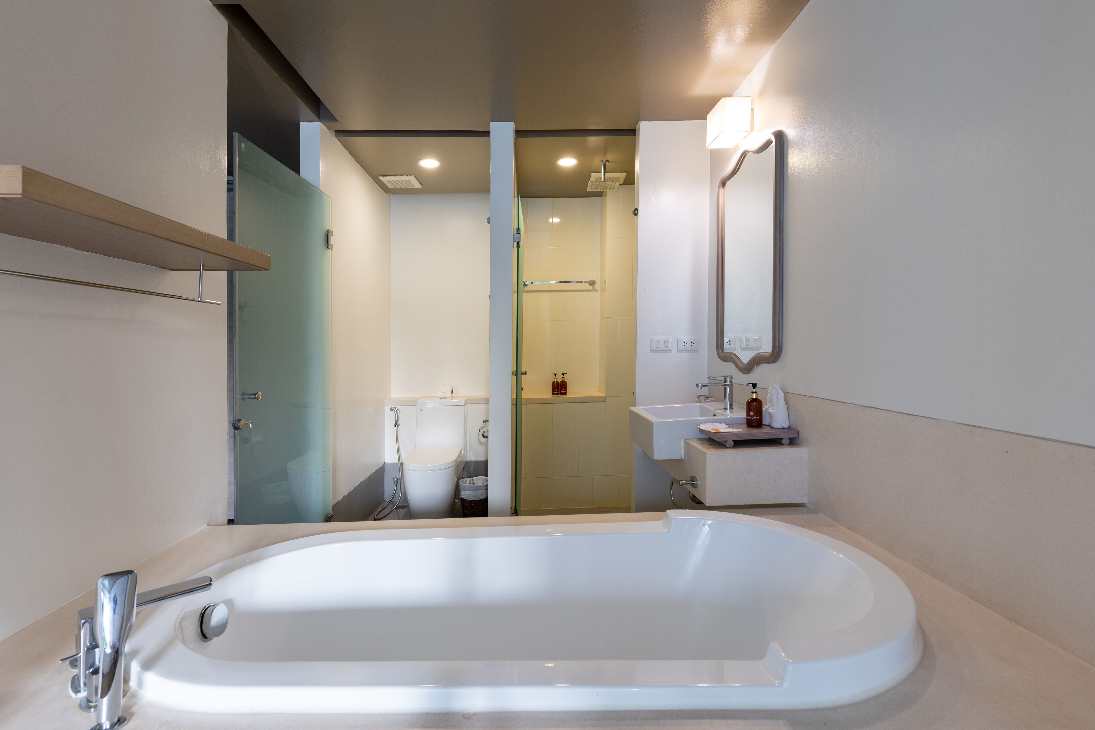 separate bathtub and shower, free toiletries, hair dryer, bathrobes