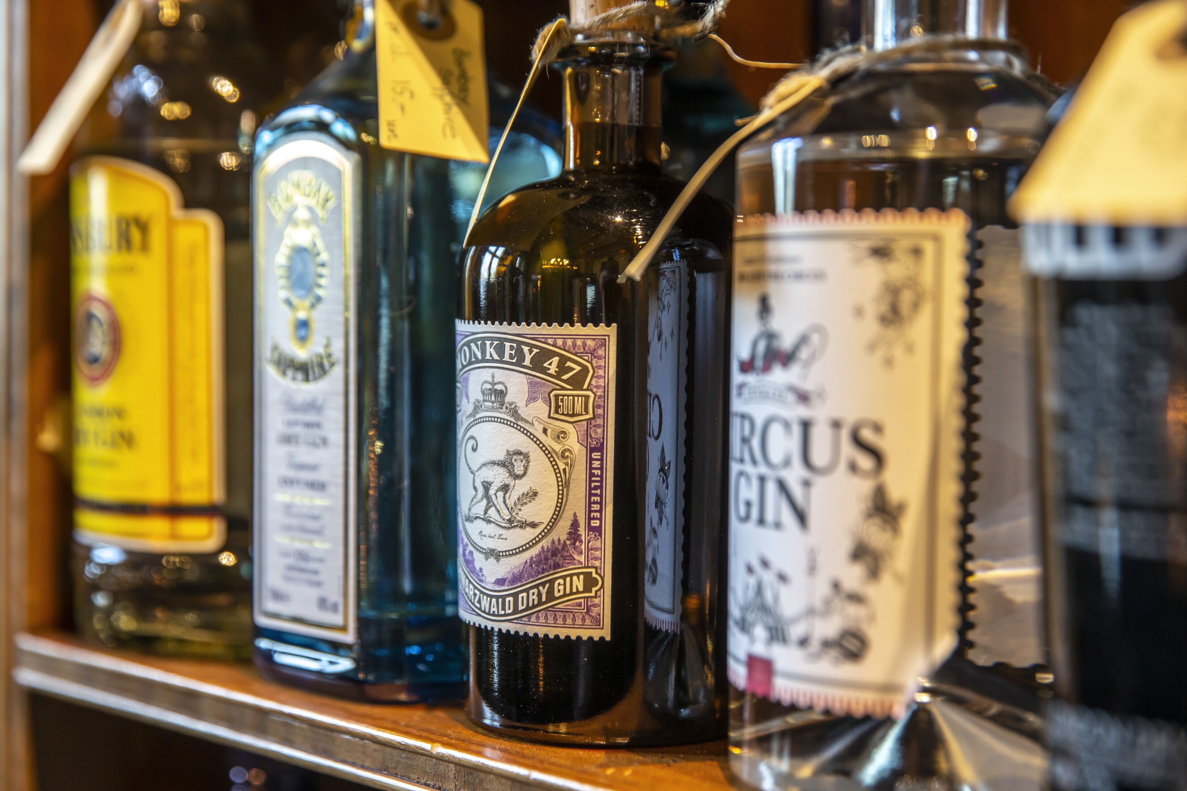 A shelf with various bottles of gin, including Monkey 47 and others.