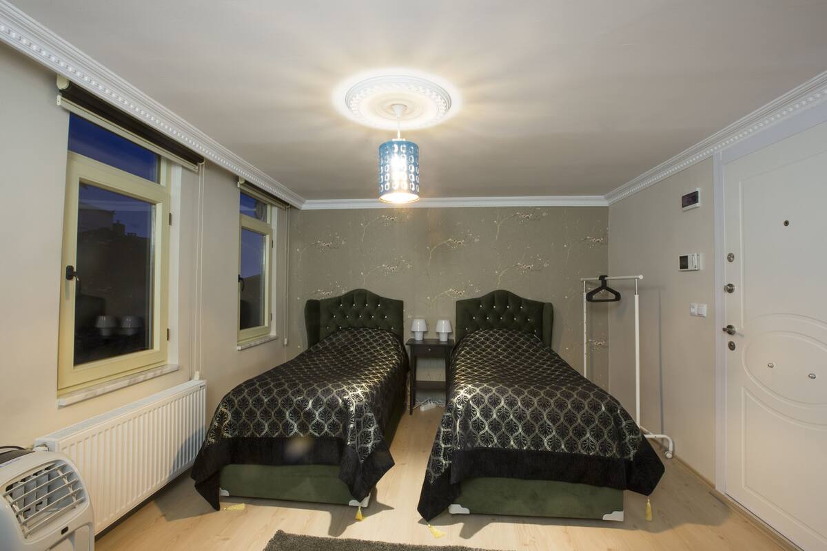 A room with two beds, a radiator, a hanging light fixture, and a door.