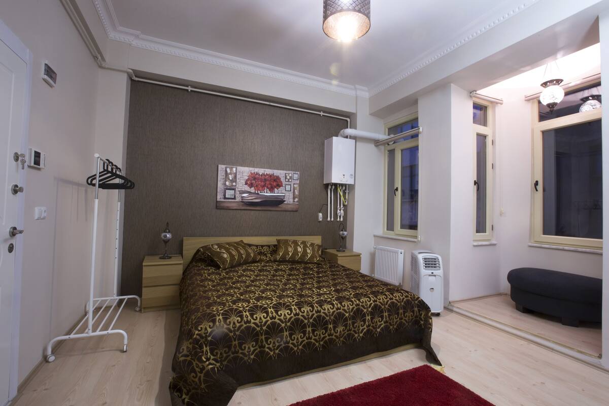 A bedroom with a bed, a radiator, a heater, a window, and a door.