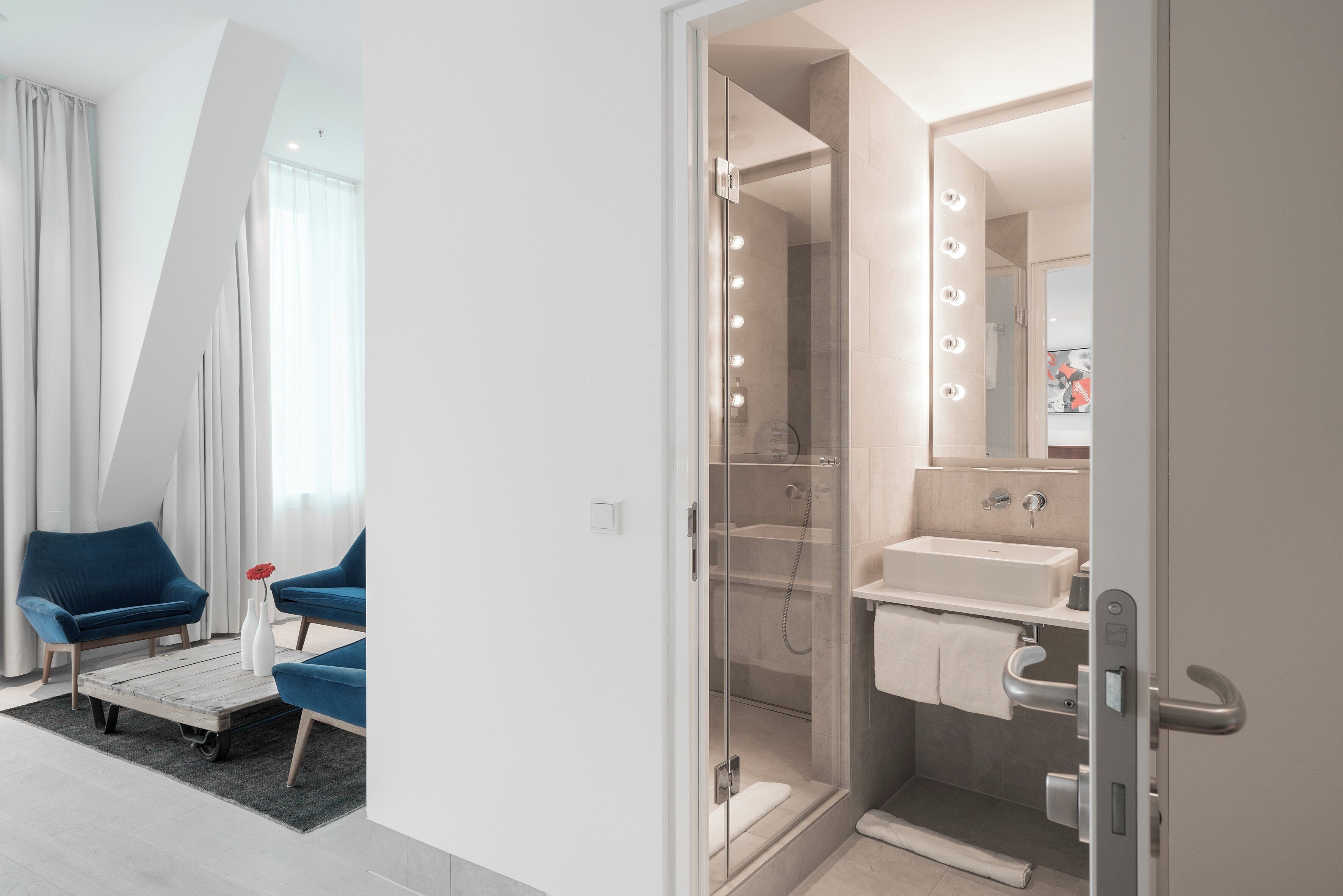 shower, rainfall showerhead, designer toiletries, hair dryer