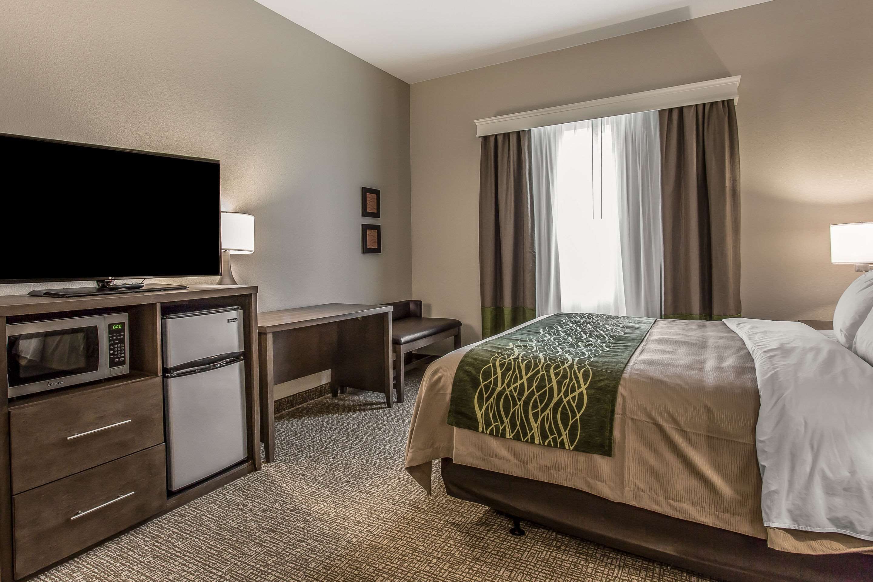 A hotel room with a bed, a desk, a television, a refrigerator, and a microwave.