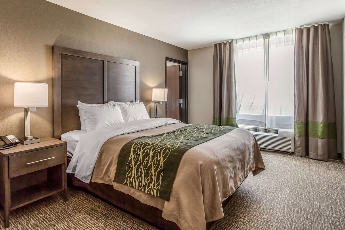 A hotel room with a large bed, two bedside lamps, a nightstand, and a window with curtains.