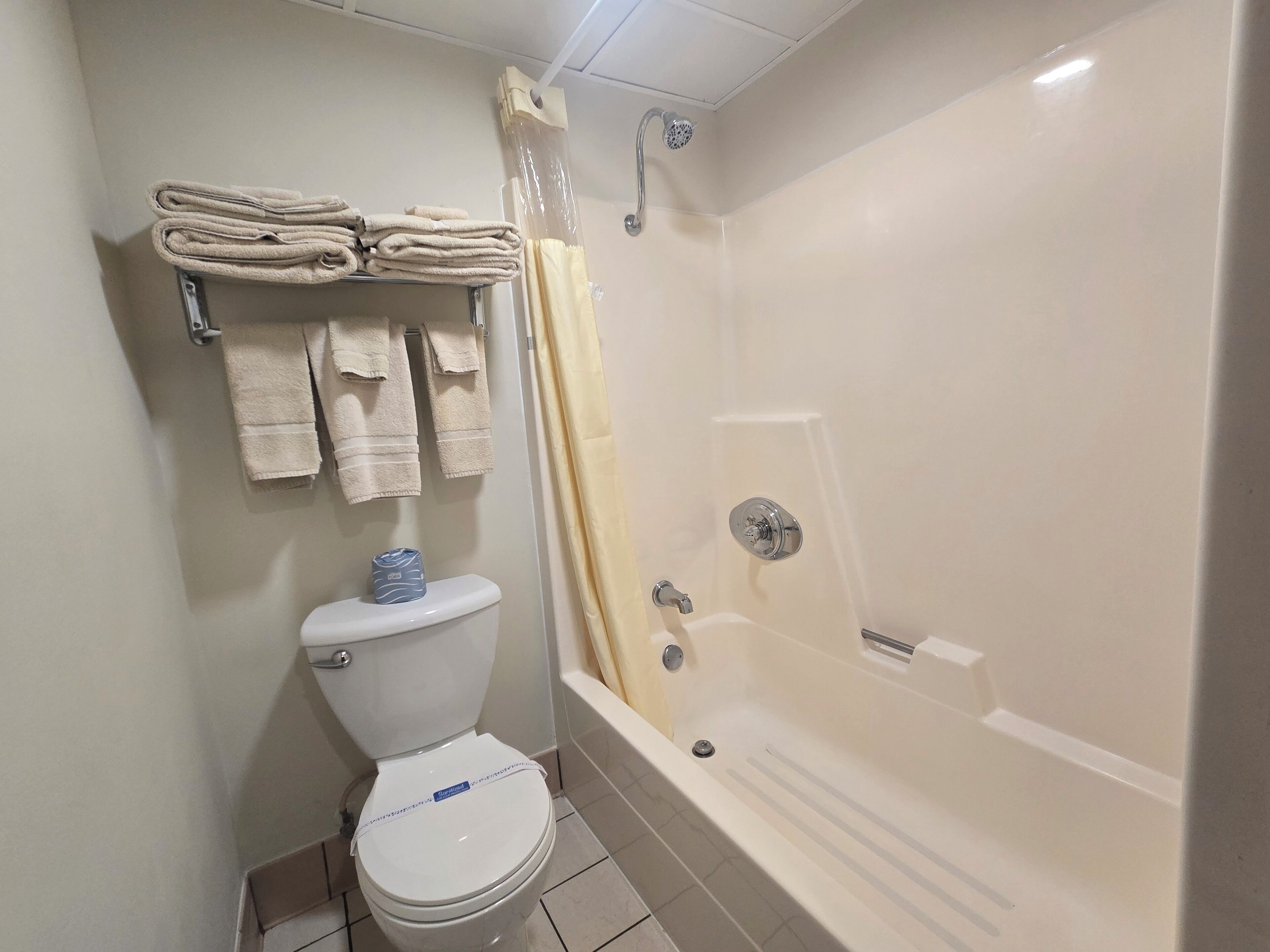 A bathroom with a toilet, a stacked towel rack, and a bathtub with a showerhead.