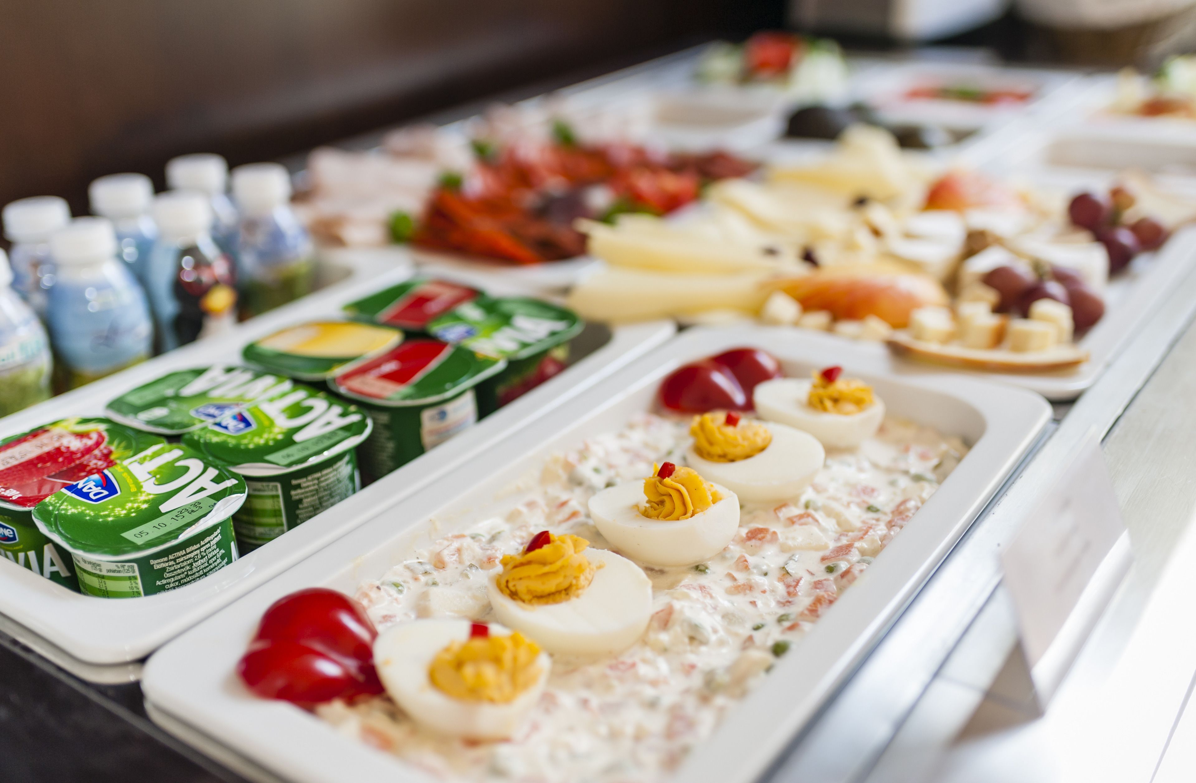 Ein Buffet mit verschiedenen Speisen, darunter Joghurt, Eier mit Kräuterfüllung sowie eine Auswahl an Früchten und Käse.