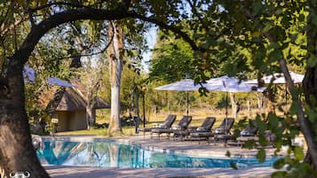 Una piscina al aire libre, sombrillas, sillones reclinables de piscina