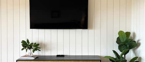 A modern living room with a flat-screen TV mounted on a white paneled wall, a wooden floor, a dark-toned console table with a plant, and a large potted plant to the right.