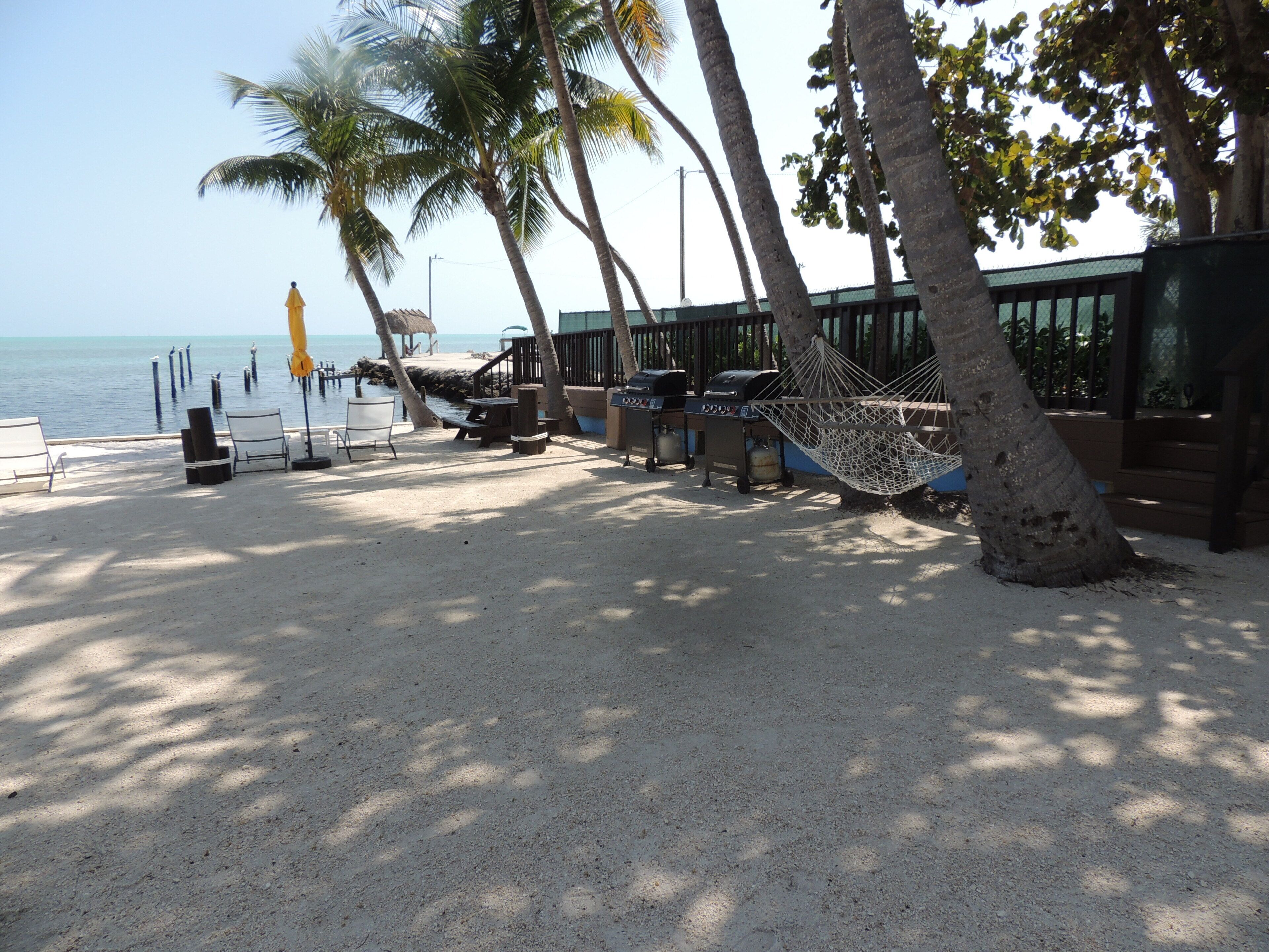 A beachside patio with outdoor seating, a hammock, and grilling stations.