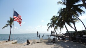 A beach with an American flag, palm trees, and a barbecue area. - Sands of Islamorada (Islamorada)
