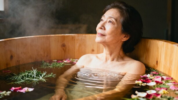 Una persona en una tina de madera llena de agua y flores, con vapor saliendo del agua.