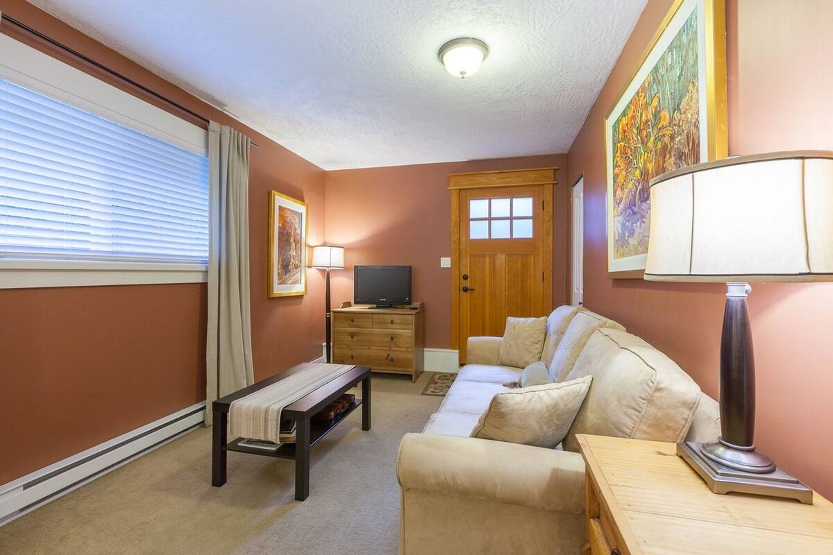 Suite, 1 Queen Bed with Sofa bed (Creekside Suite) | Living area | Flat-screen TV, fireplace