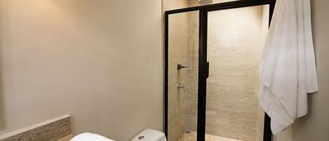 Une salle de bain avec une douche, des toilettes et un porte-serviettes.