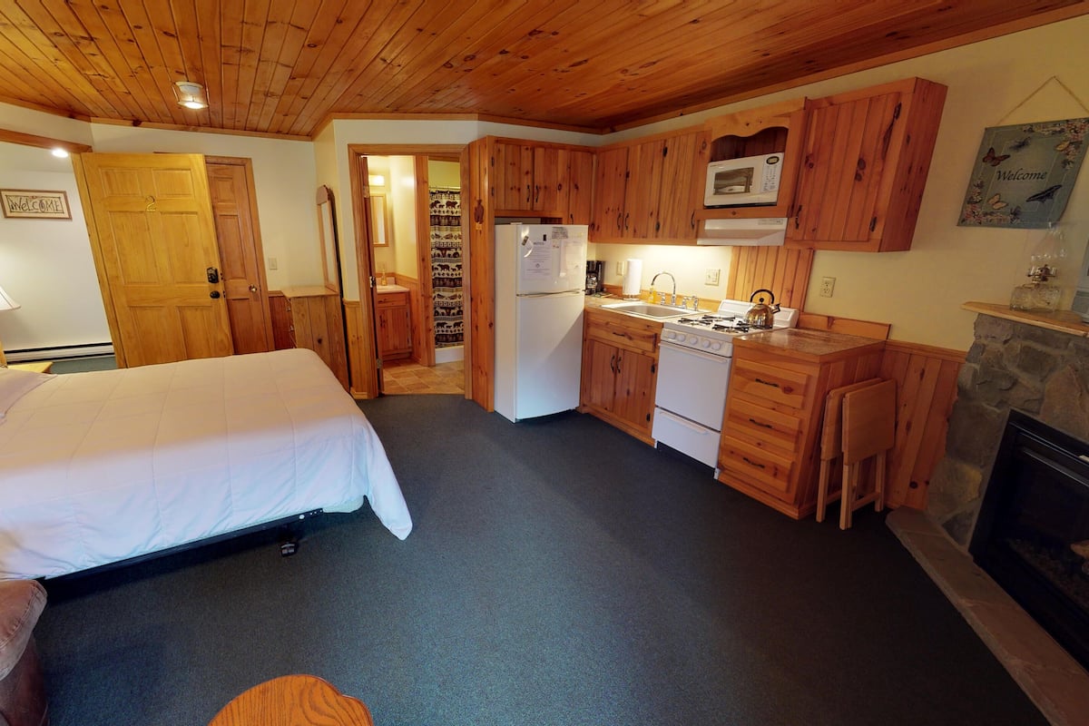 A compact room with a bed, kitchenette, and a fireplace.
