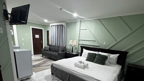 Une chambre à coucher avec un lit, un bureau, une chaise, une télévision et une porte.