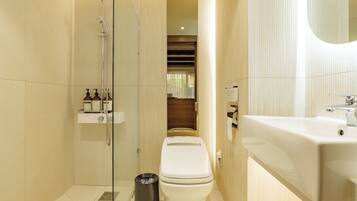 Un baño moderno con ducha de vidrio, inodoro blanco y lavabo con espejo.
