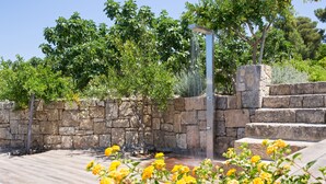 Muro de piedra con fuente de agua y escalones que conducen a un jardín lleno de flores amarillas.