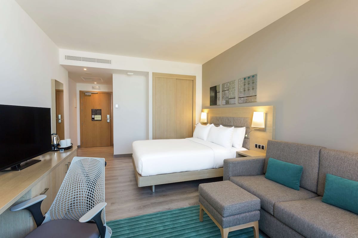 A hotel room with a bed, a TV, a desk, a chair, and a sofa.