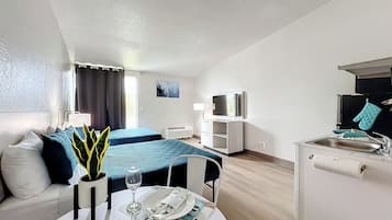 Premium Studio, 2 Double Beds, Non Smoking | 1 bedroom, desk, blackout curtains, iron/ironing board