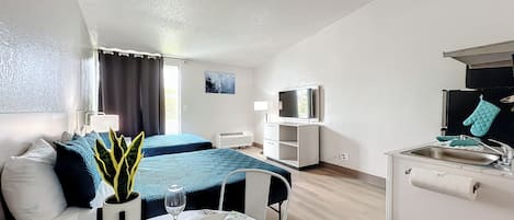 Premium Studio, 2 Double Beds, Non Smoking | 1 bedroom, desk, blackout drapes, iron/ironing board