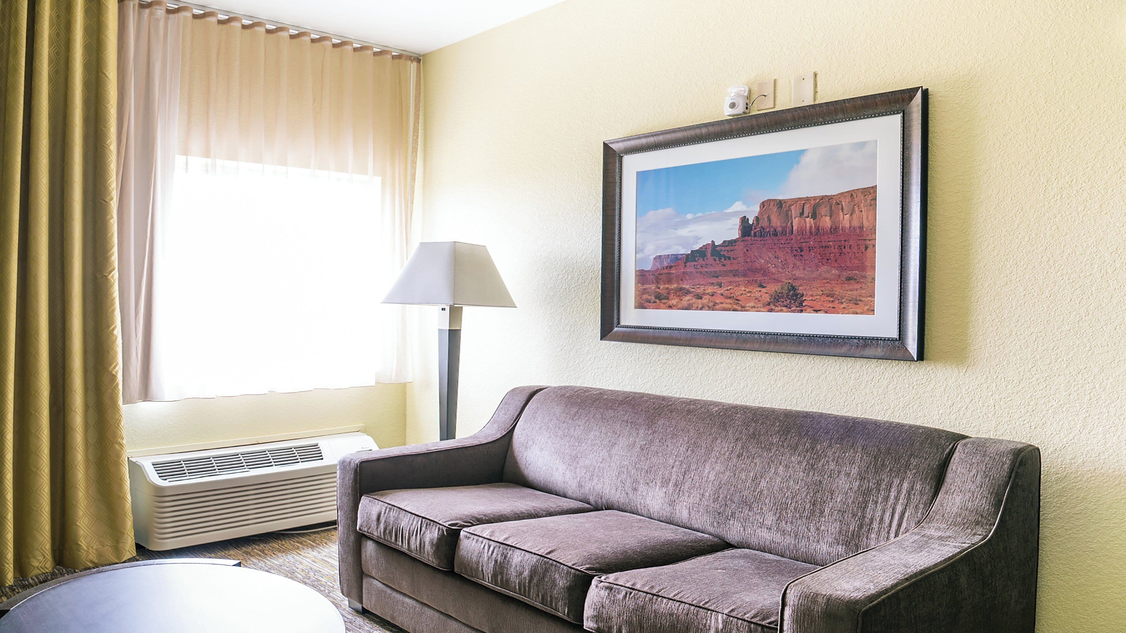 A room with a sofa, a lamp, a framed picture on the wall, and a window with curtains.