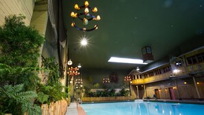 An indoor swimming pool with a wooden deck, surrounded by potted plants and bamboo fencing. - McMenamins Anderson School (Bothell)