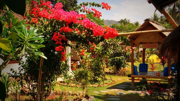 A garden with a thatched-roof gazebo, a stone pathway, and lush greenery. - Same Same - Bungalows - Hostel (Kuta)