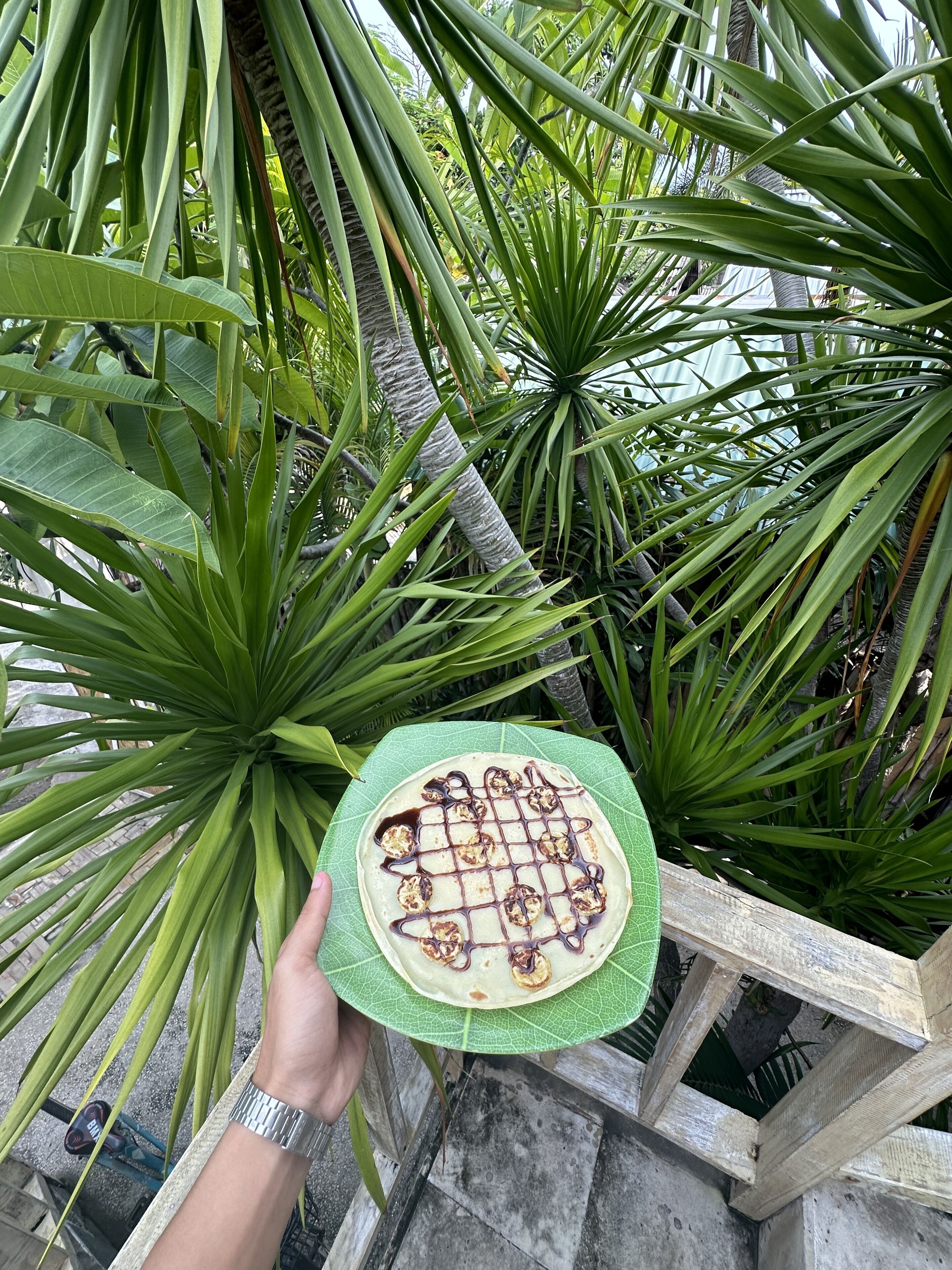 A hand holding a green leaf-shaped plate with a grilled food item and chocolate sauce.