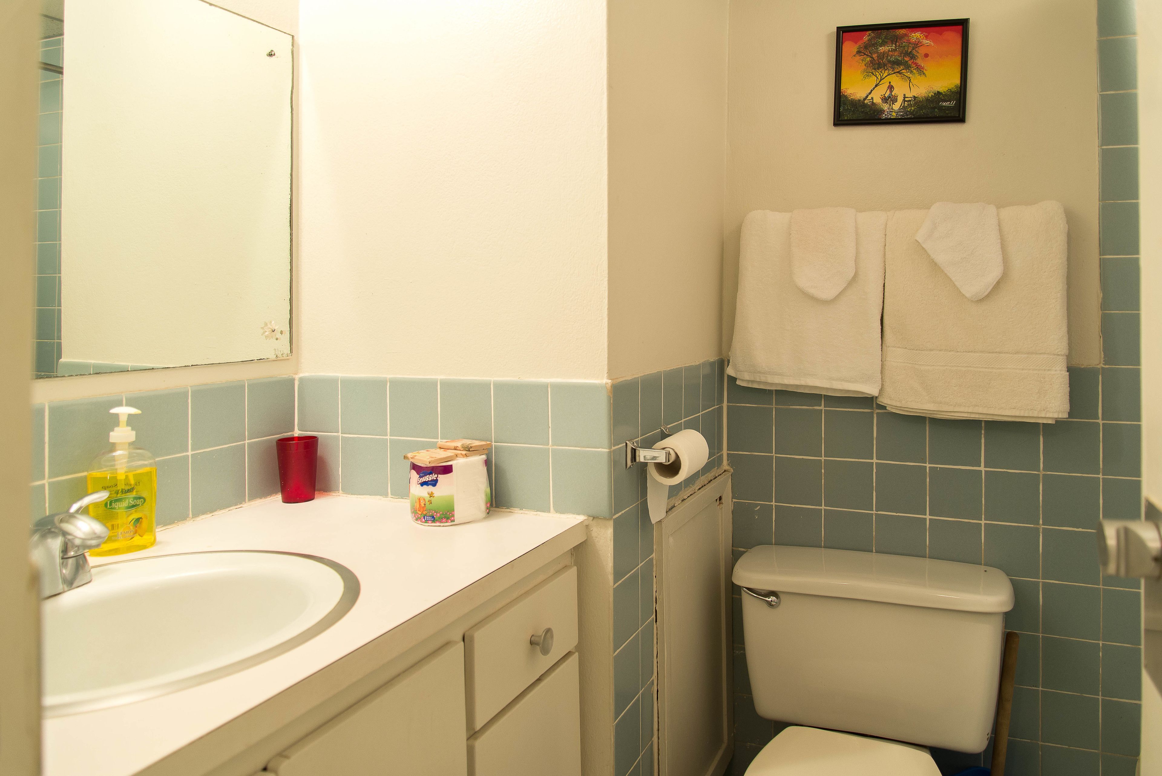 A bathroom with a sink, toilet, and a mirror. There are towels hanging on the wall and a painting above the toilet.
