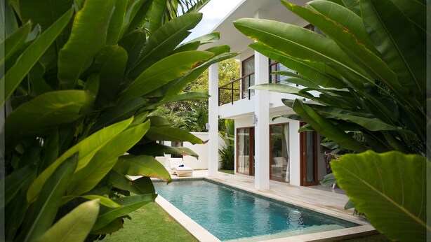 Et moderne hus med to etager og en swimmingpool omgivet af frodig vegetation.