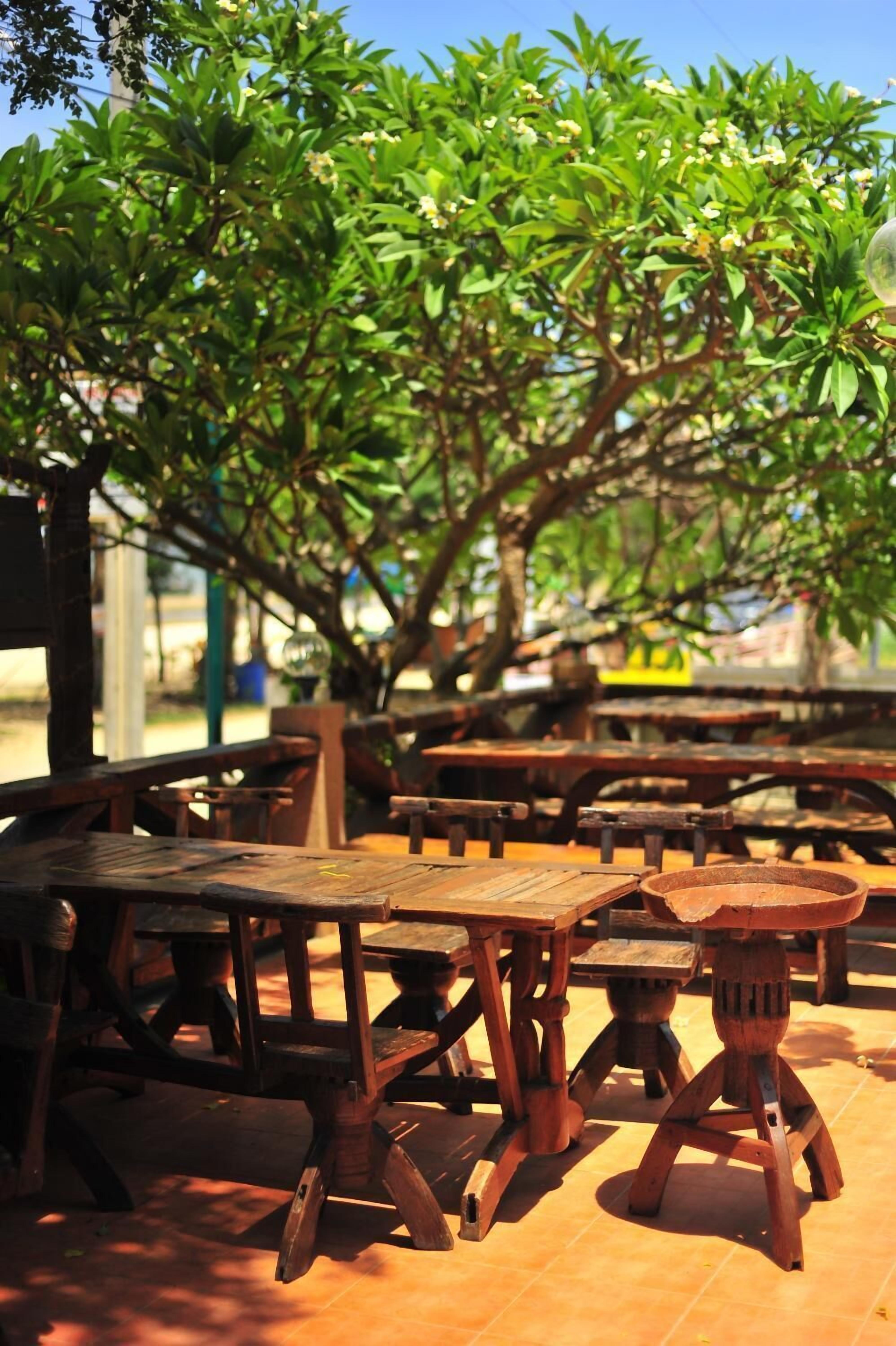 Outdoor wooden tables and chairs arranged under a tree, with a tiled floor.
